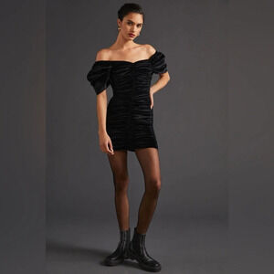 Anthropologie Hutch Black Ruched Puff Off Shoulder Sleeve Mini Dress Sz 8